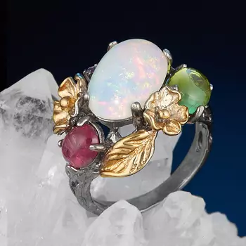 Кольцо микс опал, турмалин, хризолит (серебро 925 пр. позолота, родир. сер.) размер 18,5