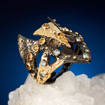 Кольцо микс топаз, цитрин (серебро 925 пр. позолота, родир. черн.) огранка размер 18,5