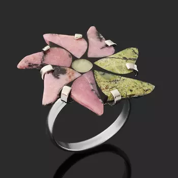 Кольцо микс змеевик, родонит (нейзильбер) размер 17,5