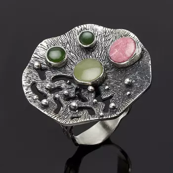 Кольцо микс нефрит, родонит (серебро 925 пр. оксидир.) размер 18,5