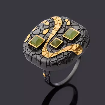 Кольцо нефрит зеленый (серебро 925 пр. позолота, родир. черн.) размер 18