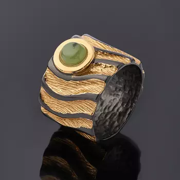 Кольцо нефрит зеленый (серебро 925 пр. позолота, родир. черн.) размер 17