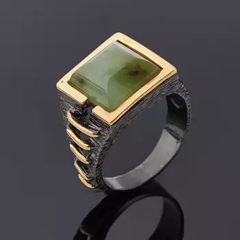 Кольцо нефрит зеленый (серебро 925 пр. позолота, родир. черн.) размер 18