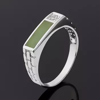 Кольцо нефрит зеленый (серебро 925 пр. родир. бел.) размер 19,5
