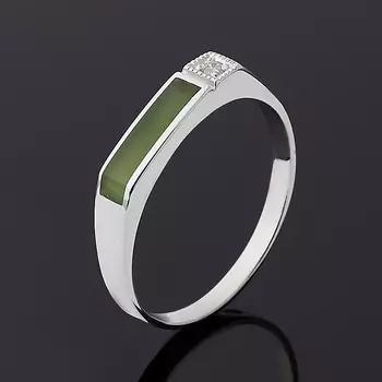 Кольцо нефрит зеленый (серебро 925 пр. родир. бел.) размер 18,5