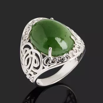 Кольцо нефрит зеленый (серебро 925 пр. родир. бел.) размер 17,5