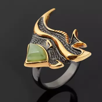 Кольцо нефрит зеленый (серебро 925 пр. позолота, родир. черн.) размер 17,5