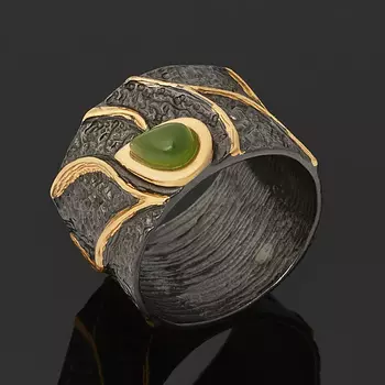 Кольцо нефрит зеленый (серебро 925 пр. позолота, родир. черн.) размер 17