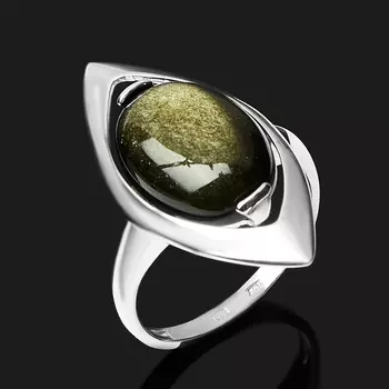 Кольцо обсидиан золотистый (серебро 925 пр. родир. бел.) размер 18,5