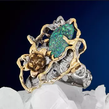 Кольцо опал благородный черный (серебро 925 пр. позолота, родир. сер.) размер 18,5