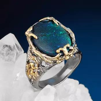 Кольцо опал благородный черный (серебро 925 пр. позолота, родир. сер.) размер 17,5