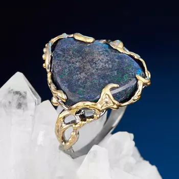 Кольцо опал благородный черный (серебро 925 пр. позолота, родир. сер.) размер 19