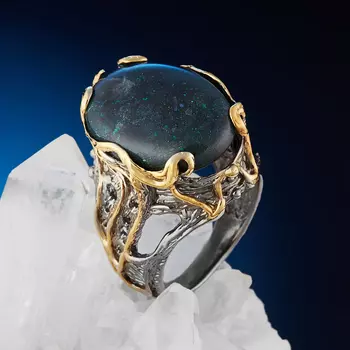 Кольцо опал благородный черный (серебро 925 пр. позолота, родир. сер.) размер 17