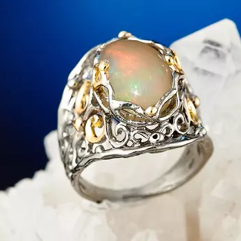 Кольцо опал благородный желтый (серебро 925 пр., позолота) размер 18