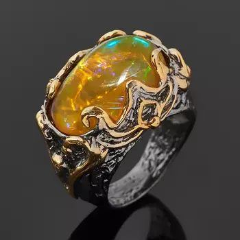 Кольцо опал благородный желтый (серебро 925 пр. позолота, родир. черн.) размер 18