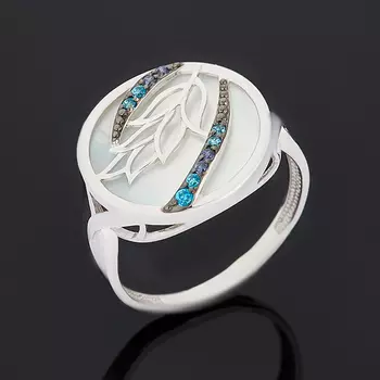 Кольцо перламутр белый (серебро 925 пр. родир. бел., родир. черн.) размер 17,5