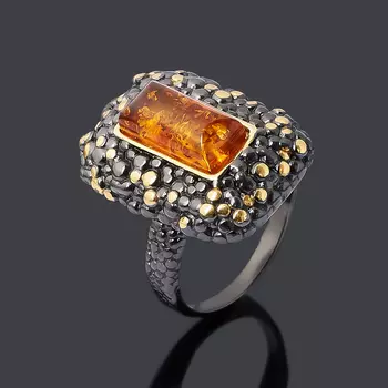 Кольцо янтарь пресс (серебро 925 пр. позолота, родир. черн.) размер 17,5