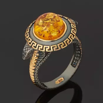 Кольцо янтарь пресс (серебро 925 пр. позолота, родир. черн.) размер 17,5