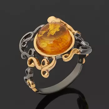 Кольцо янтарь пресс (серебро 925 пр. позолота, родир. черн.) размер 17,5