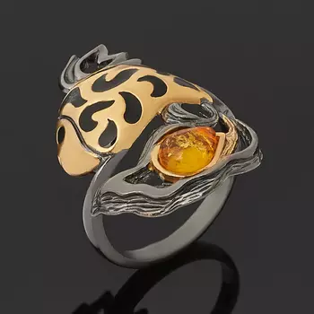 Кольцо янтарь пресс (серебро 925 пр. позолота, родир. черн.) размер 17