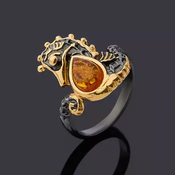 Кольцо янтарь (серебро 925 пр. позолота, родир. черн.) размер 17,5