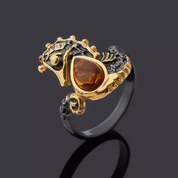 Кольцо янтарь (серебро 925 пр. позолота, родир. черн.) размер 17,5