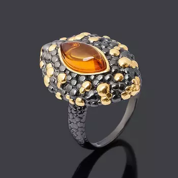 Кольцо янтарь (серебро 925 пр. позолота, родир. черн.) размер 17,5