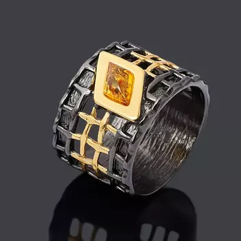 Кольцо янтарь (серебро 925 пр. позолота, родир. черн.) размер 17,5