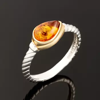 Кольцо янтарь (серебро 925 пр. позолота, родир. бел.) размер 18