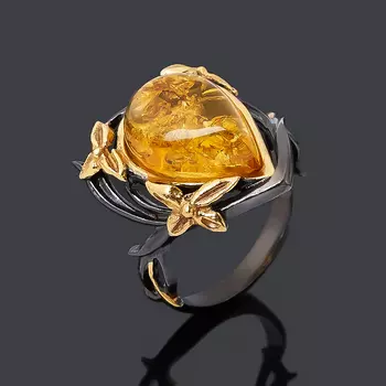Кольцо янтарь (серебро 925 пр., позолота, чернение) размер 17