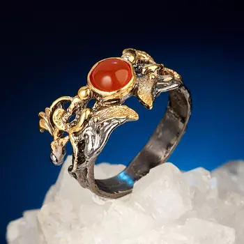 Кольцо сердолик (серебро 925 пр. позолота, родир. черн.) размер 18