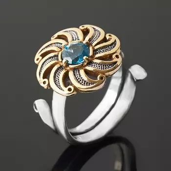 Кольцо топаз голубой огранка (серебро 925 пр. оксидир. позолота) размер 17,5 (регулируемый)