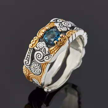 Кольцо топаз голубой (серебро 925 пр. оксидир., позолота) огранка (регулируемый) размер 17