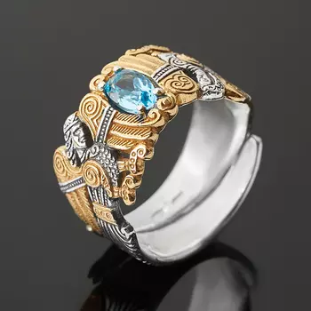 Кольцо топаз голубой (серебро 925 пр. оксидир., позолота) огранка (регулируемый) размер 17,5