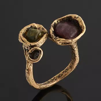 Кольцо турмалин зеленый (верделит), розовый (рубеллит) (бронза) (регулируемый) размер 18,5