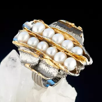 Кольцо жемчуг белый (серебро 925 пр., позолота) размер 17