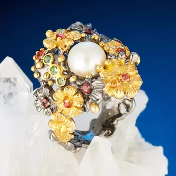 Кольцо жемчуг белый (серебро 925 пр., позолота) размер 19,5