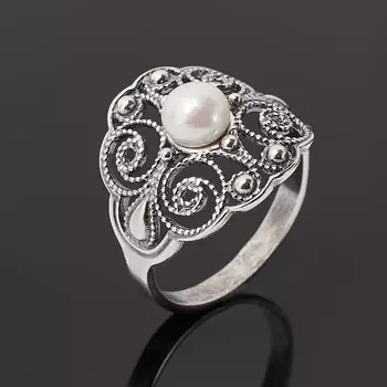 Кольцо жемчуг белый (серебро 925 пр. оксидир.) размер 17,5