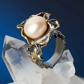 Кольцо жемчуг белый (серебро 925 пр. позолота, родир. сер.) размер 18