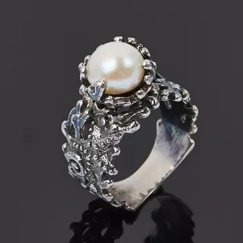 Кольцо жемчуг белый (серебро 925 пр. оксидир.) размер 18,5