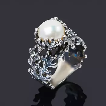 Кольцо жемчуг белый (серебро 925 пр. оксидир.) размер 17