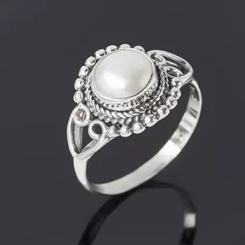 Кольцо жемчуг белый (серебро 925 пр. оксидир.) размер 17