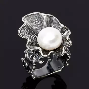 Кольцо жемчуг белый (серебро 925 пр. оксидир.) размер 17