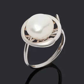 Кольцо жемчуг белый (серебро 925 пр. родир. бел.) размер 17