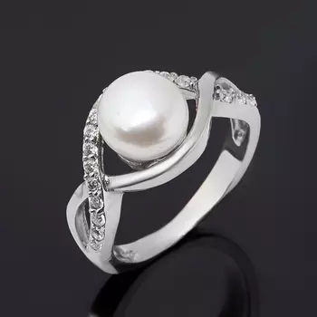 Кольцо жемчуг белый (серебро 925 пр. родир. бел.) размер 17,5