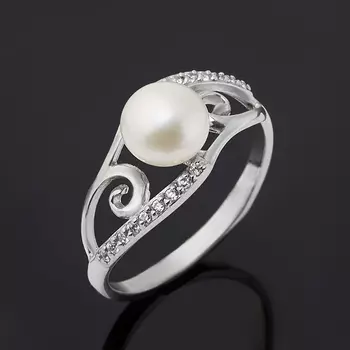 Кольцо жемчуг белый (серебро 925 пр. родир. бел.) размер 16,5