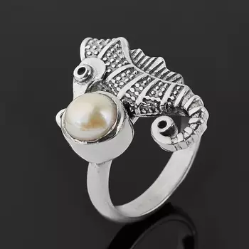 Кольцо жемчуг белый (серебро 925 пр. оксидир.) размер 18