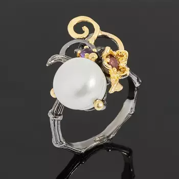 Кольцо жемчуг белый (серебро 925 пр. позолота, родир. черн.) размер 18