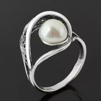 Кольцо жемчуг белый (серебро 925 пр. оксидир.) размер 17,5