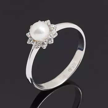 Кольцо жемчуг белый (серебро 925 пр. родир. бел.) размер 16,5